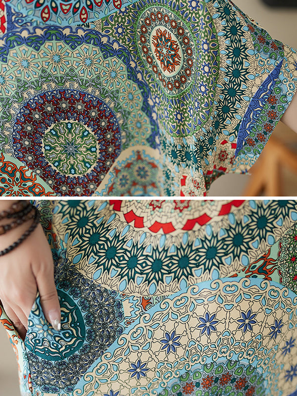 Loose Short Sleeves Ethnic Printed V-Neck Maxi Dresses