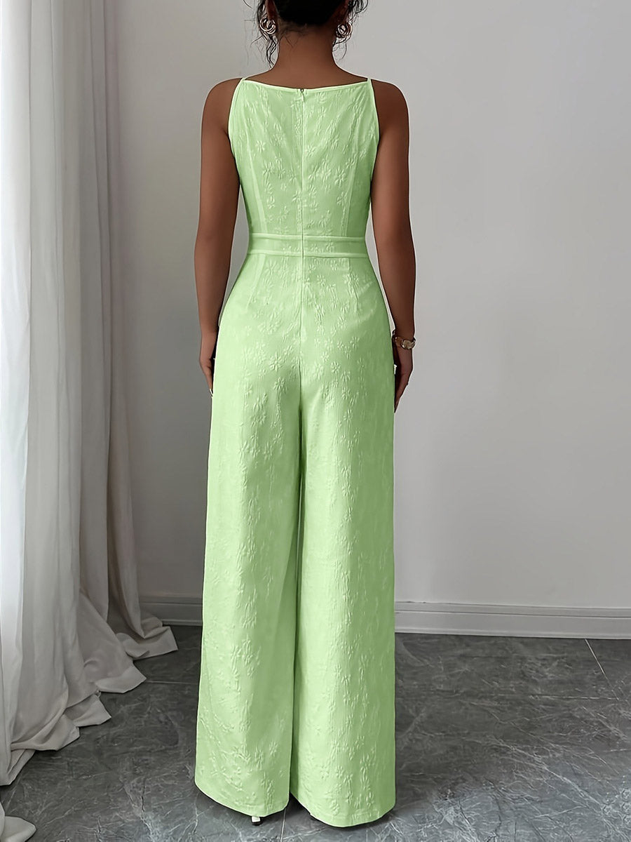 Zipper Split-Joint Solid Color Jacquard Wide Leg Sleeveless Spaghetti-Neck Jumpsuits