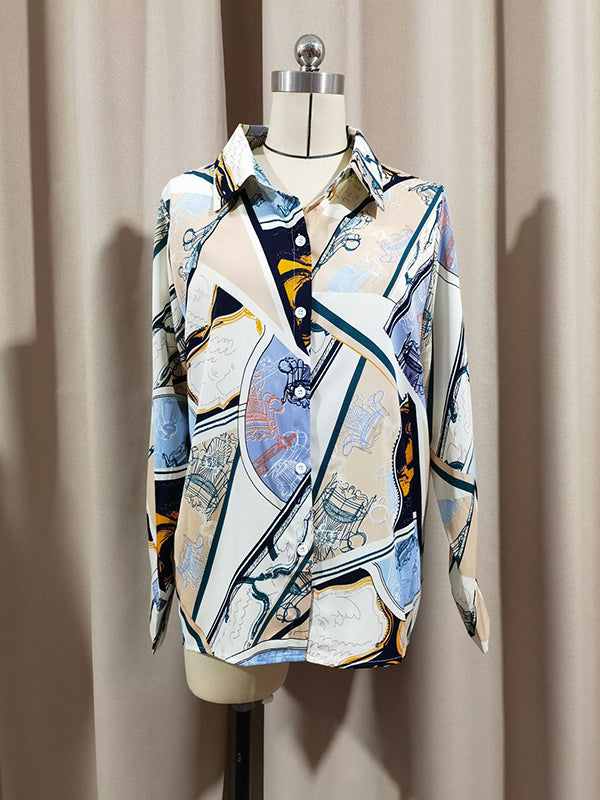 Long Sleeves Loose Buttoned Printed Split-Joint Lapel Blouses&Shirts Tops