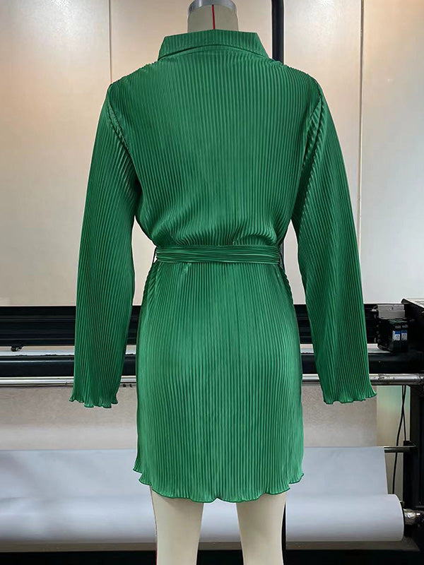 Long Sleeves Loose Buttoned Solid Color Tied Waist Lapel Mini Dresses