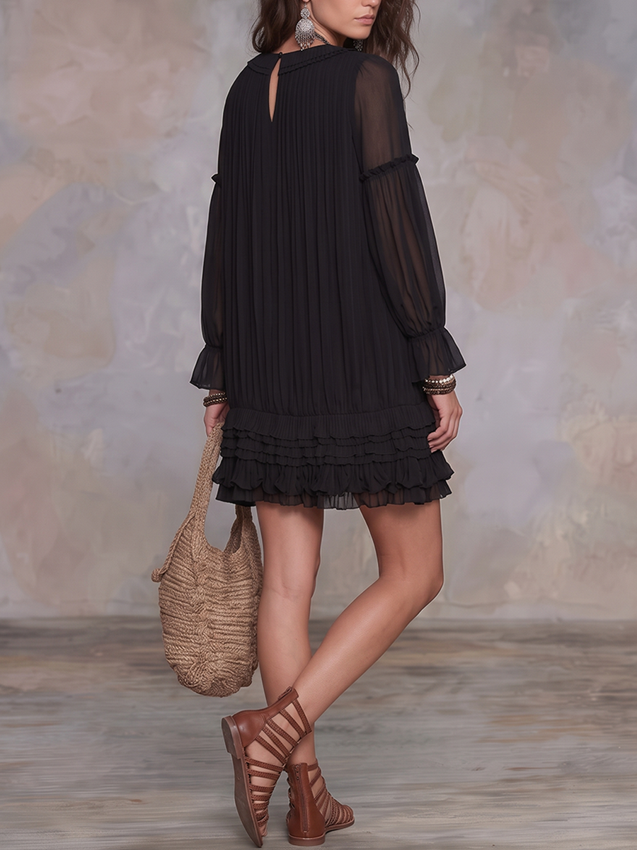 A-Line Long Sleeves Layered See-Through Solid Color V-Neck Mini Dresses