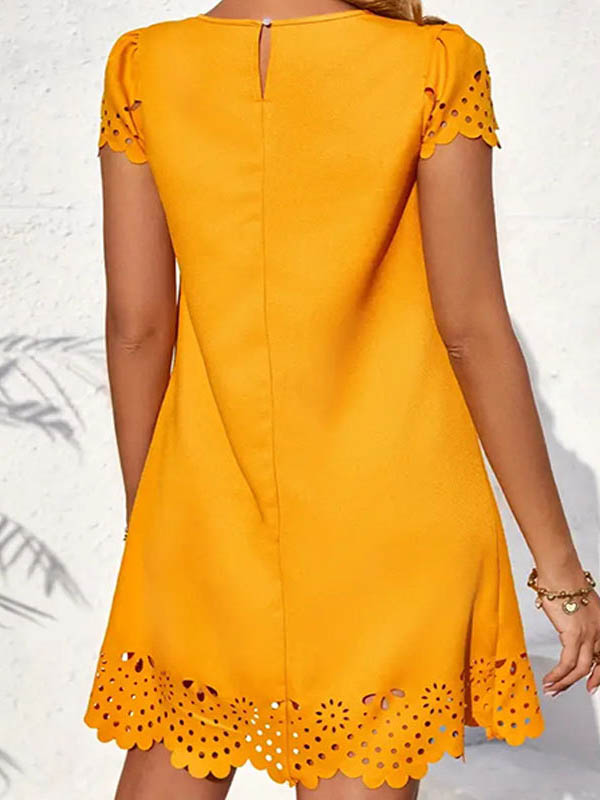 Loose Short Sleeves Hollow Pleated Solid Color Split-Joint Round-Neck Mini Dresses