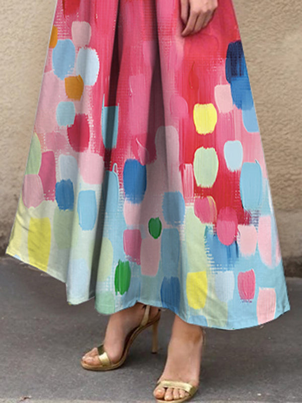 A-Line Loose Pleated Printed Split-Joint Lapel Maxi Dresses Shirt Dress