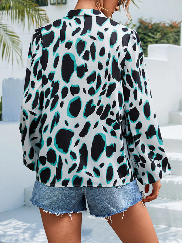 Bishop Sleeve Long Sleeves Elasticity Leopard Tied V-Neck Blouses&Shirts Tops