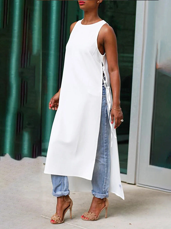 High-Low Loose Lace-Up Solid Color Split-Joint Split-Side Round-Neck Vest Top