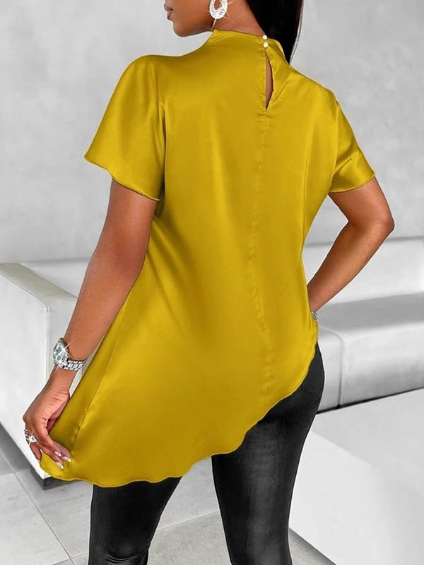 Loose Short Sleeves Asymmetric Solid Color Mock Neck Blouses&Shirts Tops