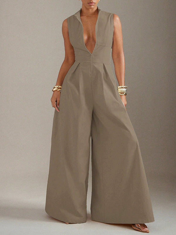 Sleeveless Wide Leg Pleated Solid Color Split-Joint Zipper Round-Neck Jumpsuits