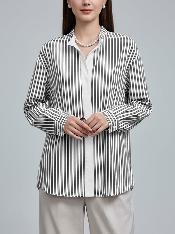 Long Sleeves Loose Buttoned Striped Stand Collar Blouses&Shirts Tops