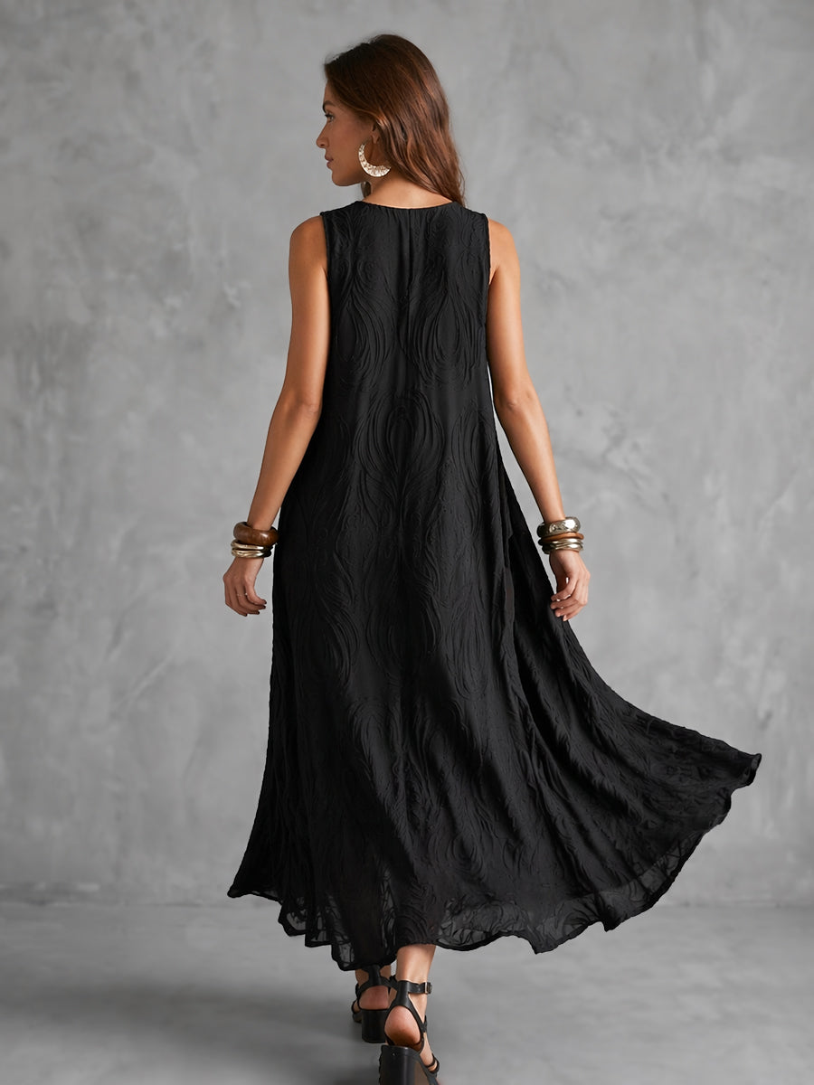A-Line Loose Jacquard Solid Color V-Neck Midi Dresses