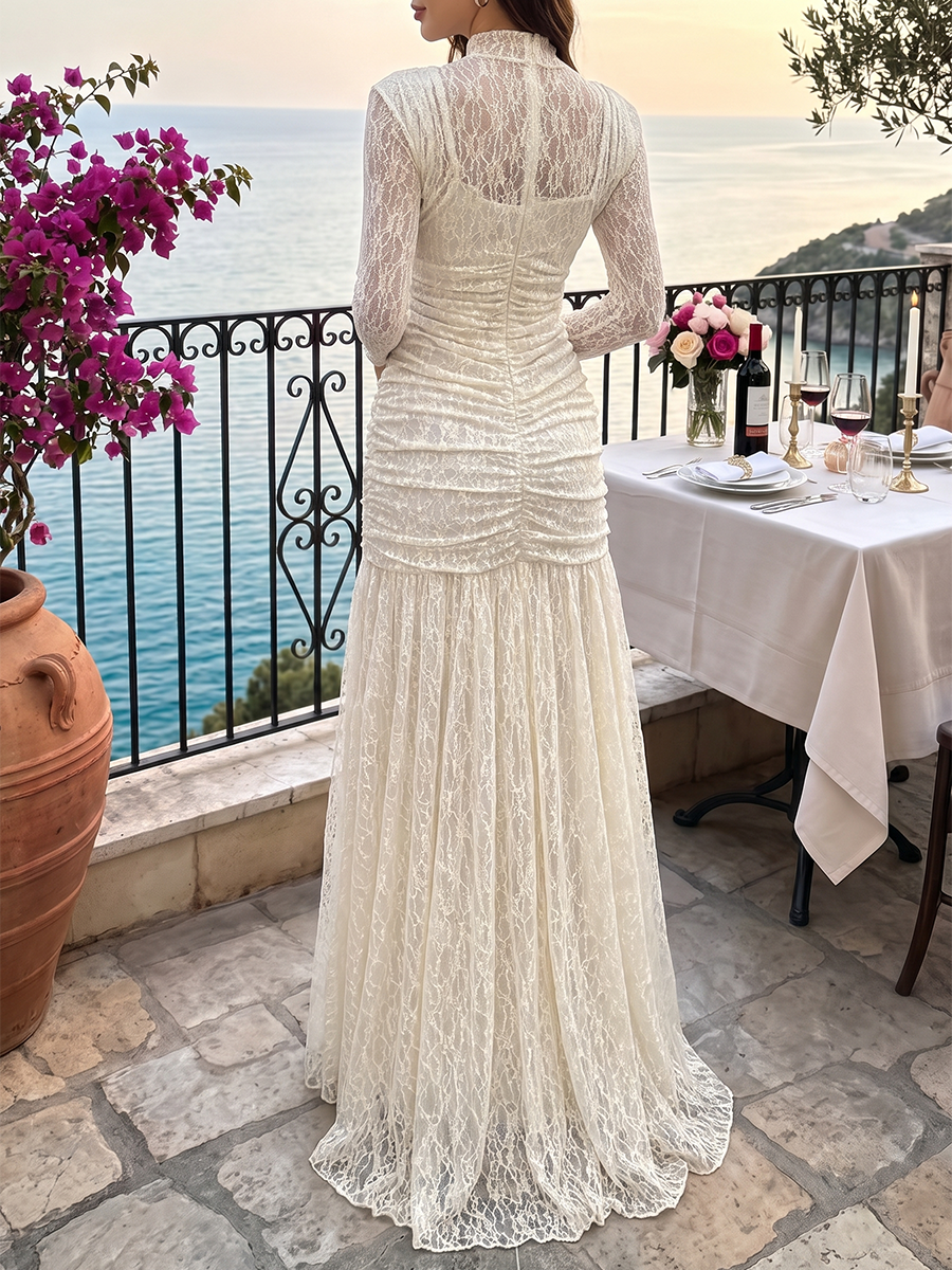 Solid Color See-Through Ruched Long Sleeves Bodycon Mock Neck Maxi Dresses