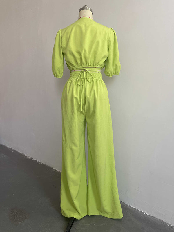 Half Sleeves Elasticity Solid Color Tied V-Neck T-Shirts Top +High Waisted Pants Bottom Two Pieces Set
