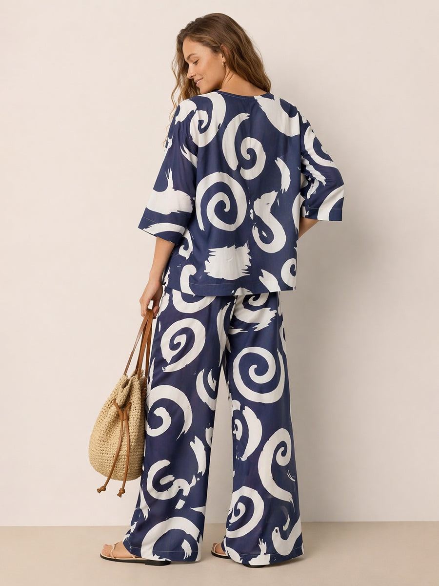Printed Contrast Color Loose Three-Quarter Sleeve Round-Neck Blouses&Shirts Tops + Elasticity Wide Leg Pockets Pants Bottoms Two Pieces Set
