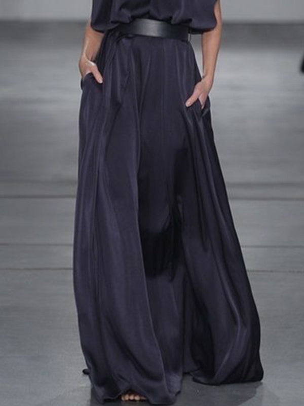 Loose Raglan Sleeve Solid Color Split-Joint Tied Waist High Neck Maxi Dresses