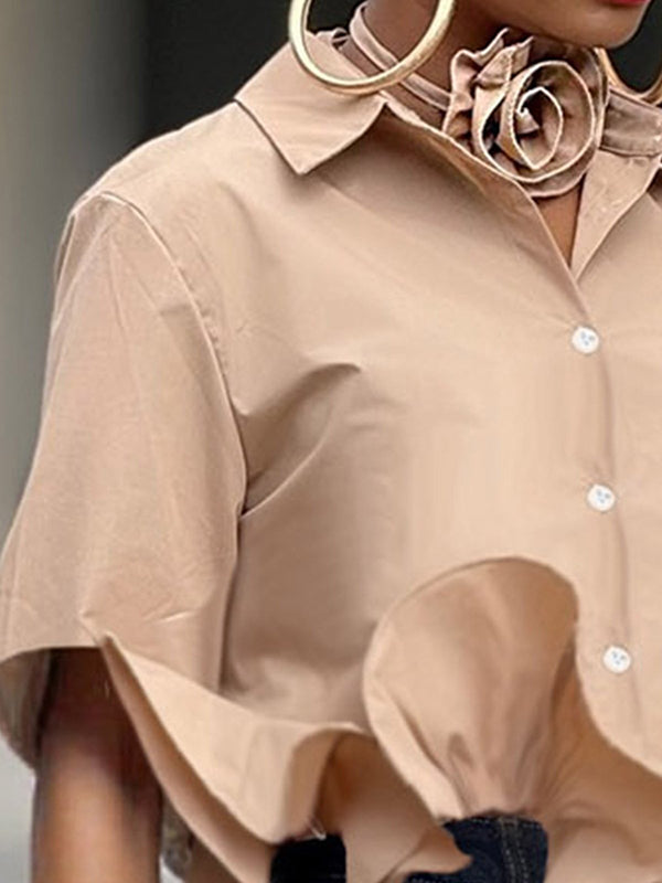 Loose Short Sleeves Ruffled Split-Joint Lapel Blouses