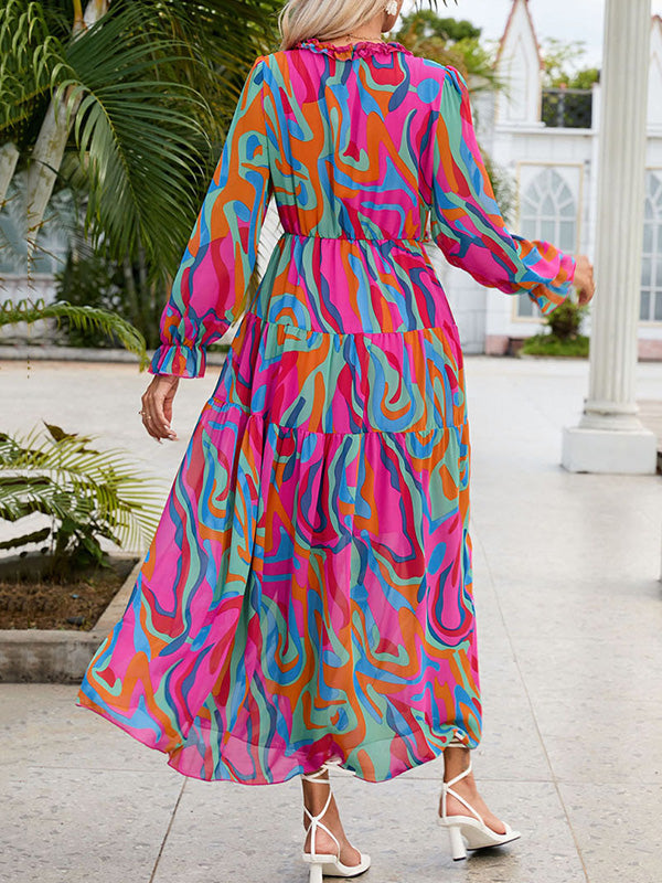 High Waisted Long Sleeves Pleated Printed V-Neck Maxi Dresses