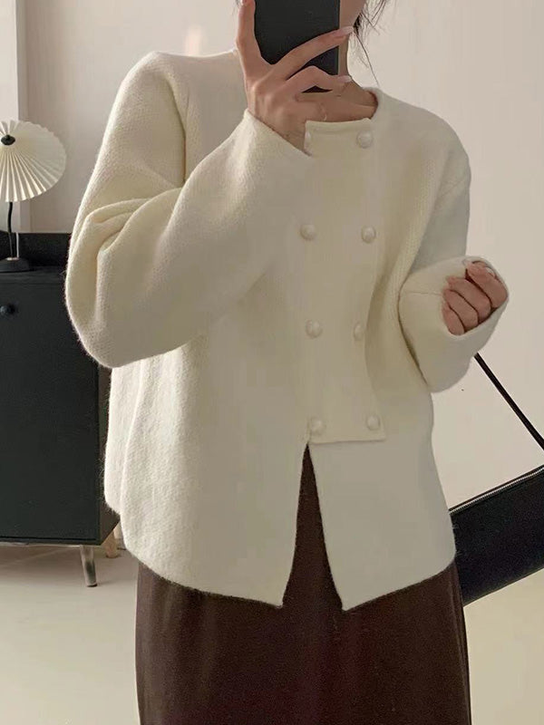 Long Sleeves Loose Asymmetric Buttoned Solid Color Split-Front Round-Neck Cardigan Tops