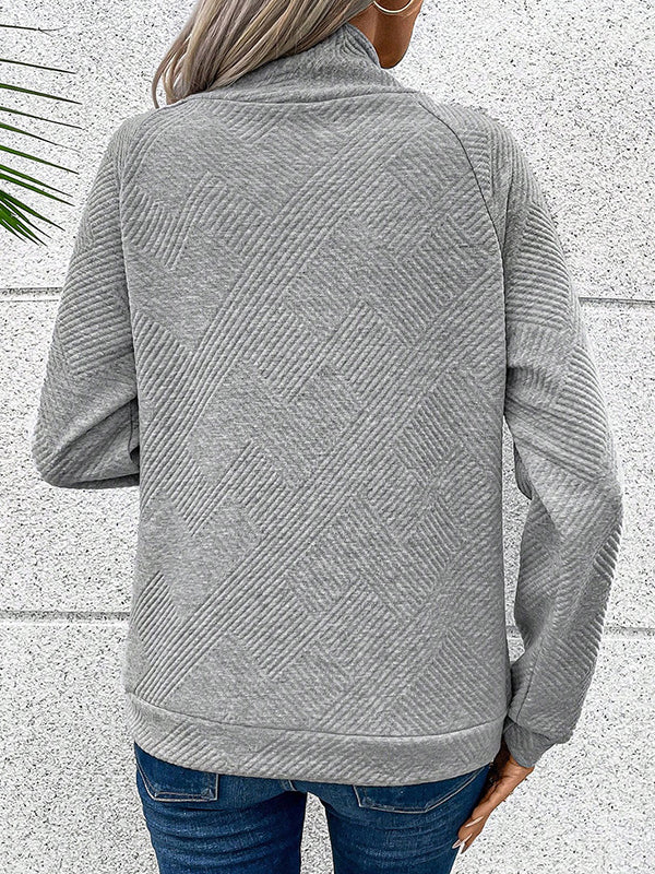 Long Sleeves Loose Asymmetric Buttoned Solid Color Split-Joint Mock Neck Sweatshirt Tops