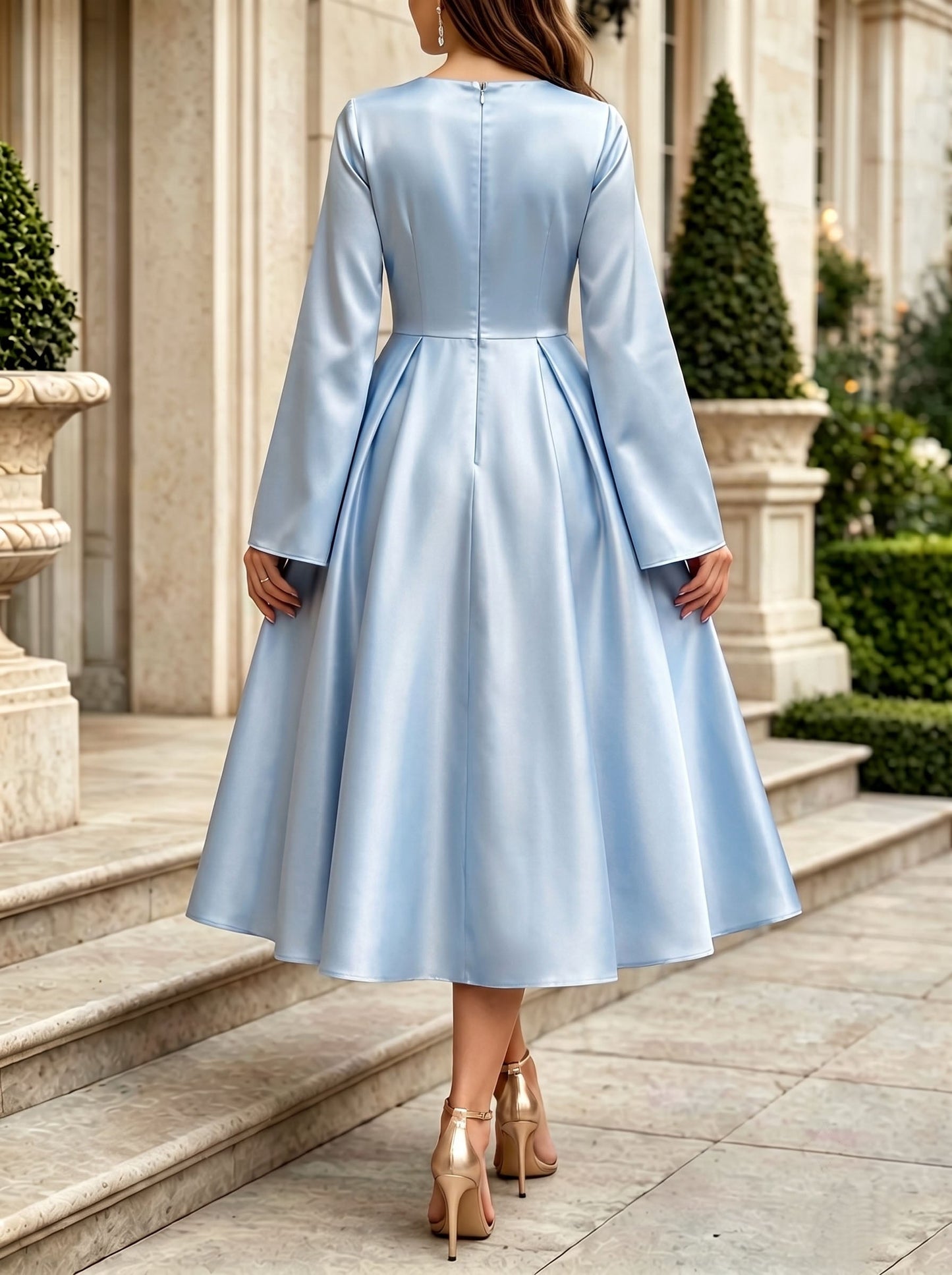 Zipper Pleated Flower Print Contrast Color Long Sleeves High Waisted Round-neck Midi Dresses