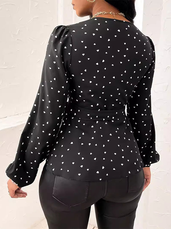 Long Sleeves Puff Sleeves Heart Print Tied Waist Deep V-Neck Blouses&Shirts Tops