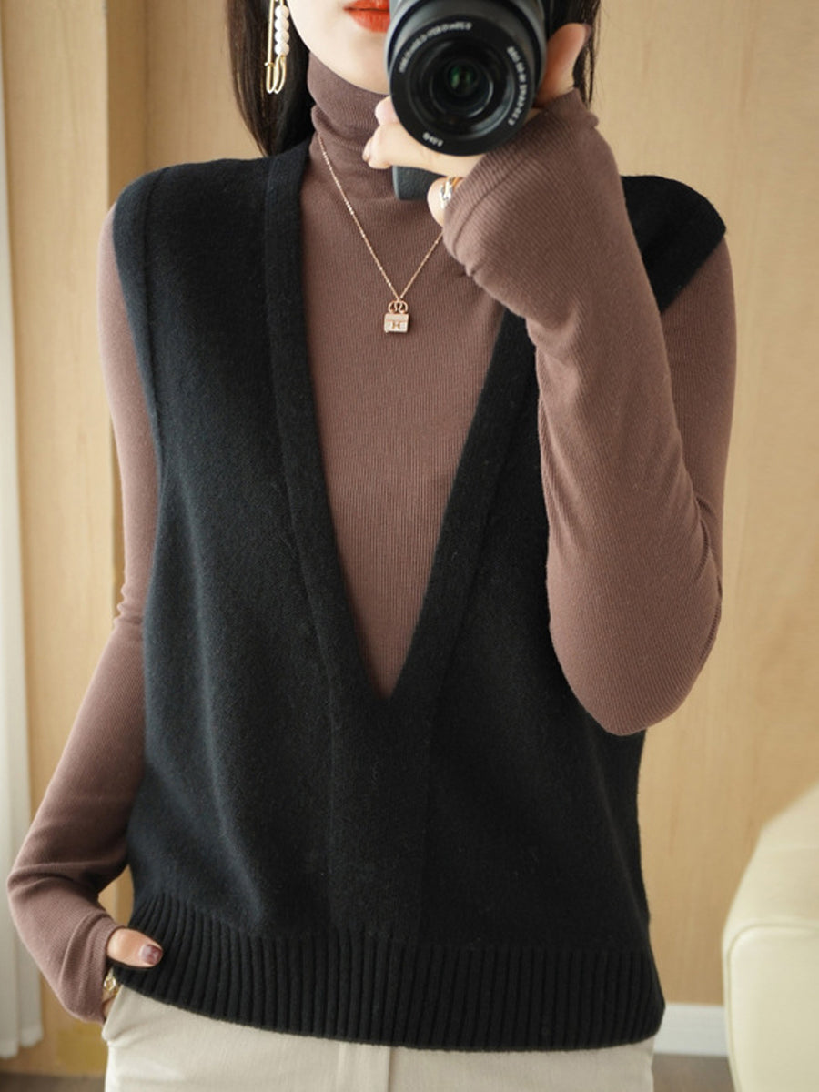 Women Autumn Casual Pure Color V-Neck Knitted Vest