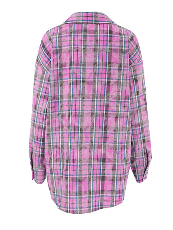 Long Sleeves Loose Buttoned Plaid Pockets Lapel Blouses&Shirts Tops