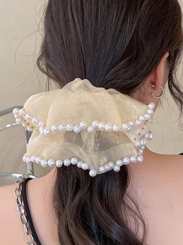 Beaded Elasticity Flower Shape Gauze Pleated Split-Joint Hair Accessories Scrunchy
