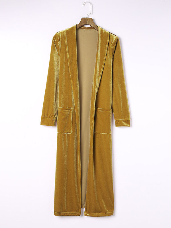 Long Sleeves Loose Pockets Solid Color Split-Joint Velvet Collarless Outerwear