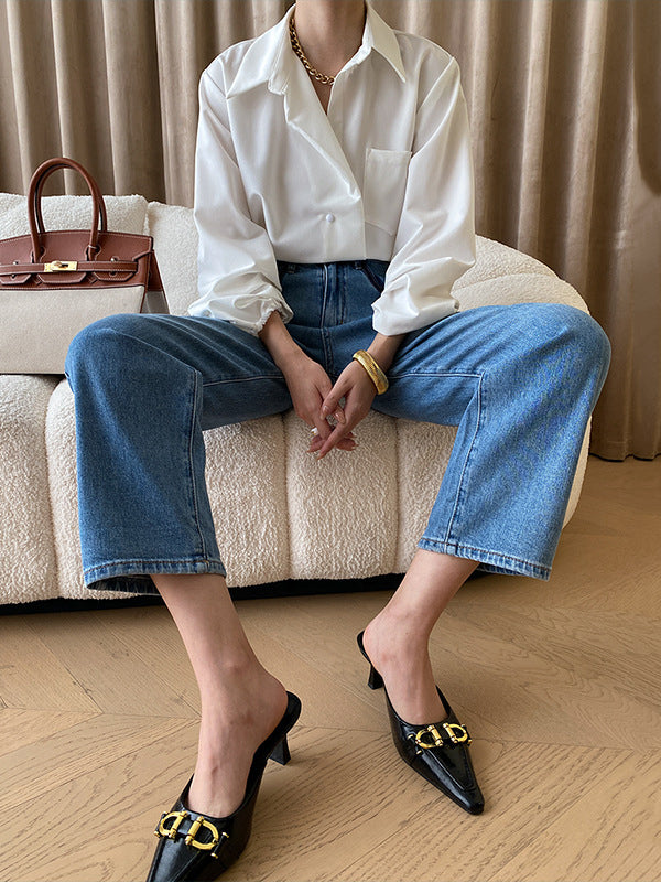 Bishop Sleeve Long Sleeves Buttoned Pockets Solid Color Split-Joint Polo Blouses&Shirts Tops