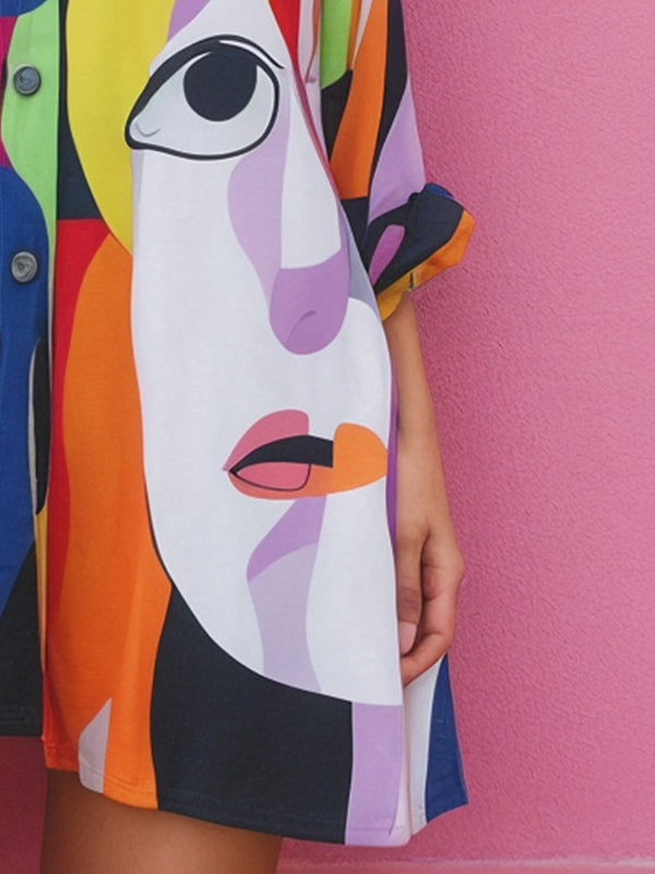 Long Sleeves Loose Abstract Printed Asymmetric Split-Joint Lapel Mini Dresses Shirt Dress