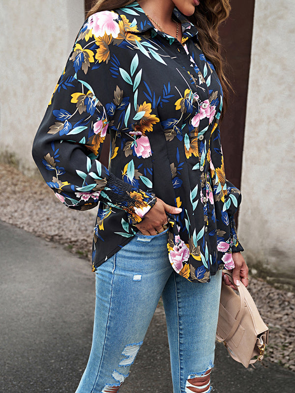 Bishop Sleeve Long Sleeves Buttoned Elasticity Flower Print Pleated Lapel Blouses&Shirts Tops