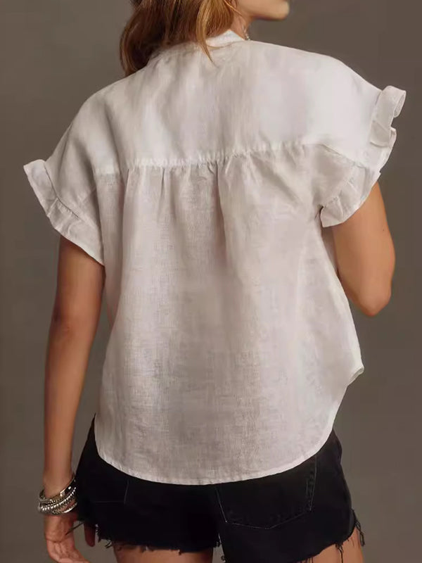 Loose Short Sleeves Pleated Ruffled See-Through Split-Joint Round-Neck Blouses&Shirts Tops