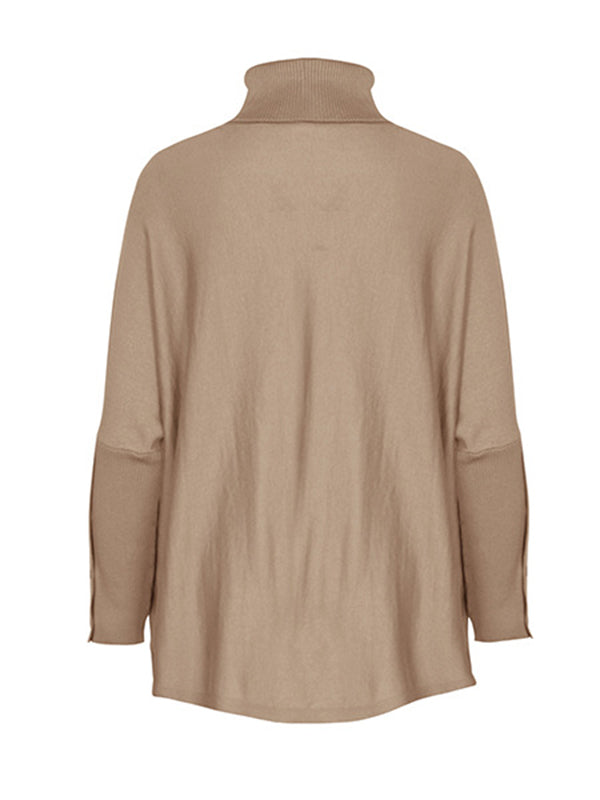 Batwing Sleeves Long Sleeves Buttoned Solid Color Split-Joint High Neck Pullovers Sweater Tops