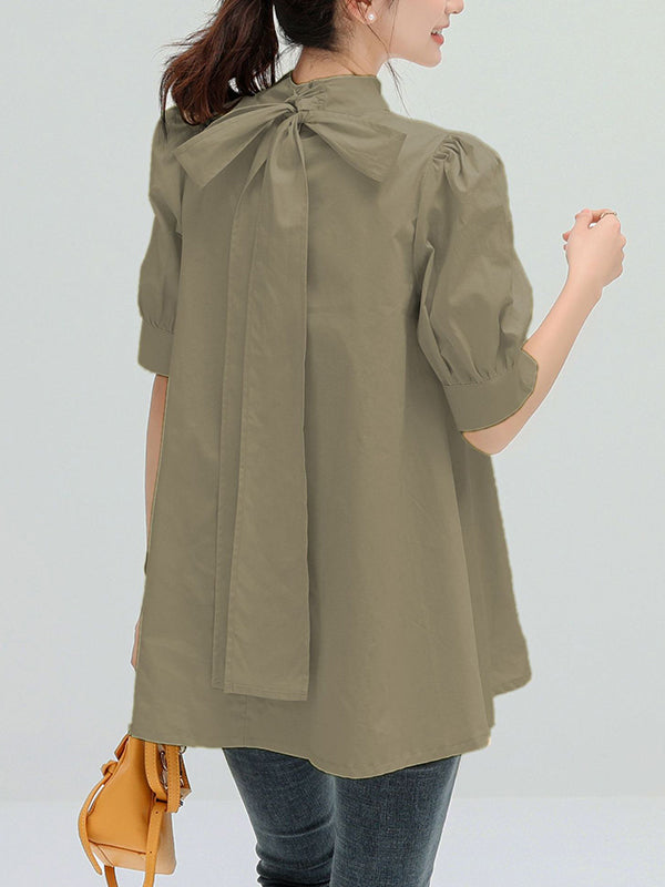 Casual Loose Bow-Embellished Solid Color Blouse