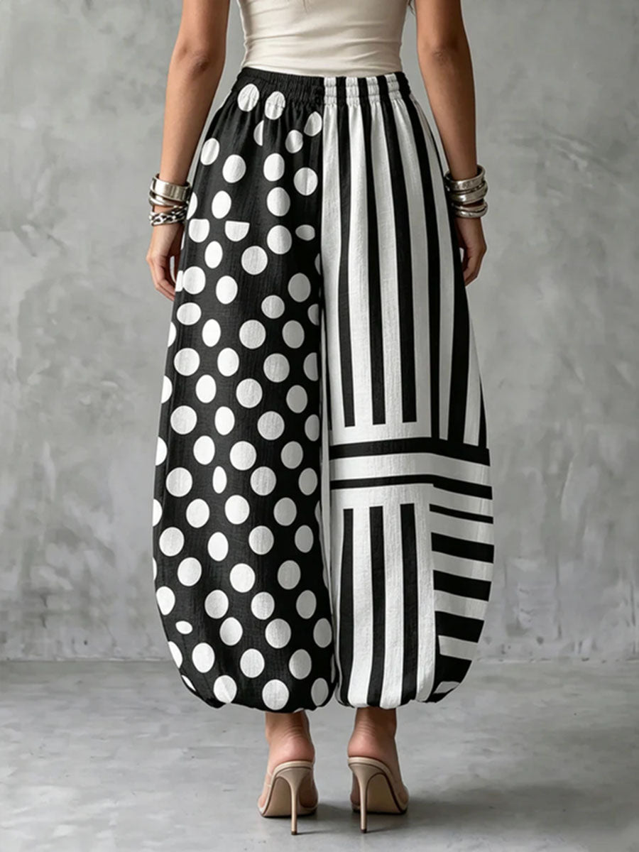 Striped Split-Joint Polka-Dot Pockets Elasticity Drawstring Contrast Color Wide Leg Loose Trousers Pants