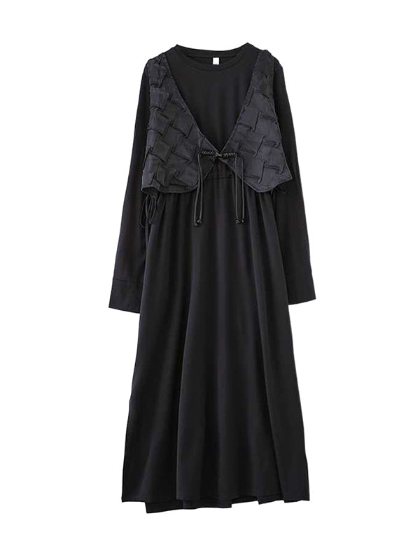 A-Line False Two Drawstring Solid Color Split-Joint Split-Side Round-Neck Midi Dresses