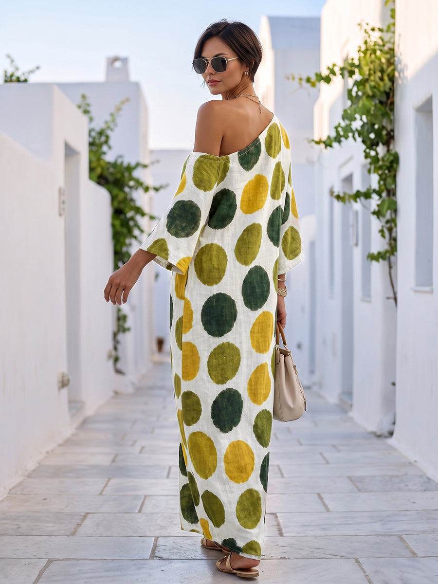 Polka-Dot Pockets Contrast Color Asymmetric Three-quarter Sleeves Loose One-shoulder Maxi Dresses