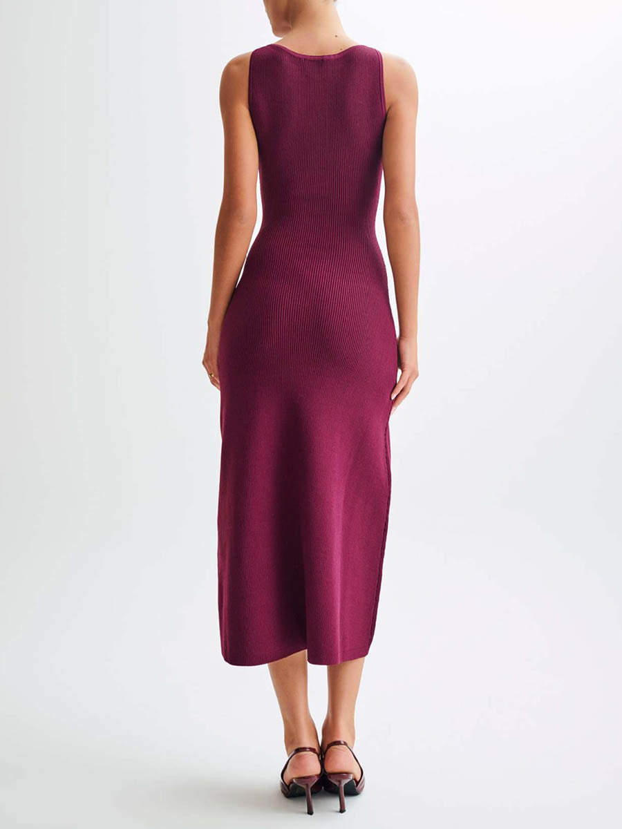 Solid Color Buttoned Sleeveless Bodycon Round-neck Midi Dresses