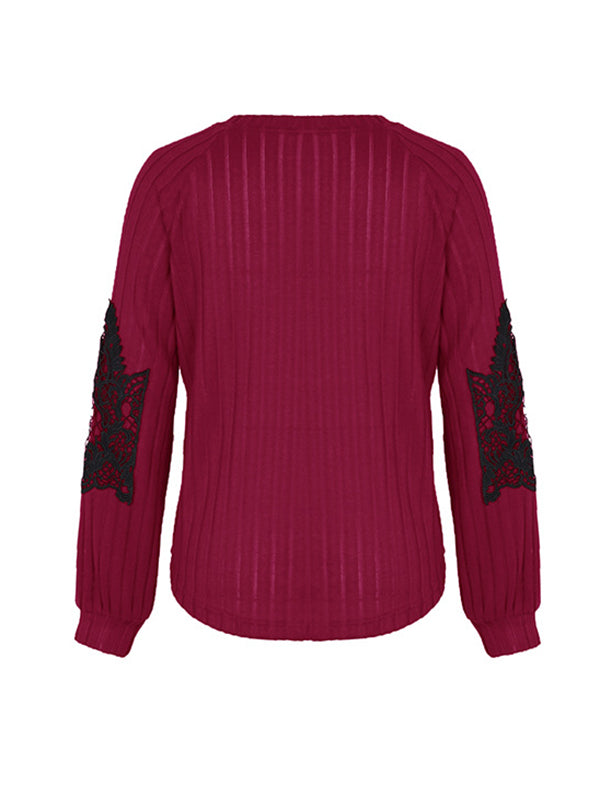 Long Sleeves Loose Split-Joint V-Neck T-Shirts Tops