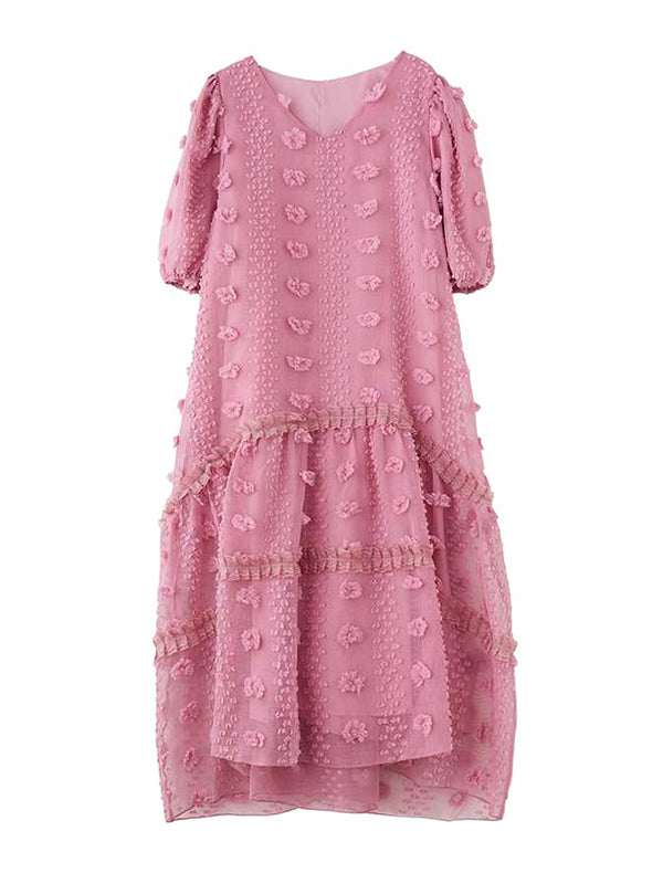 A-Line Half Sleeves Elasticity Jacquard Solid Color Split-Joint V-Neck Midi Dresses