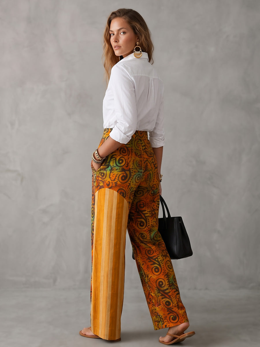 High Waisted Loose Contrast Color Pockets Printed Pants Trousers