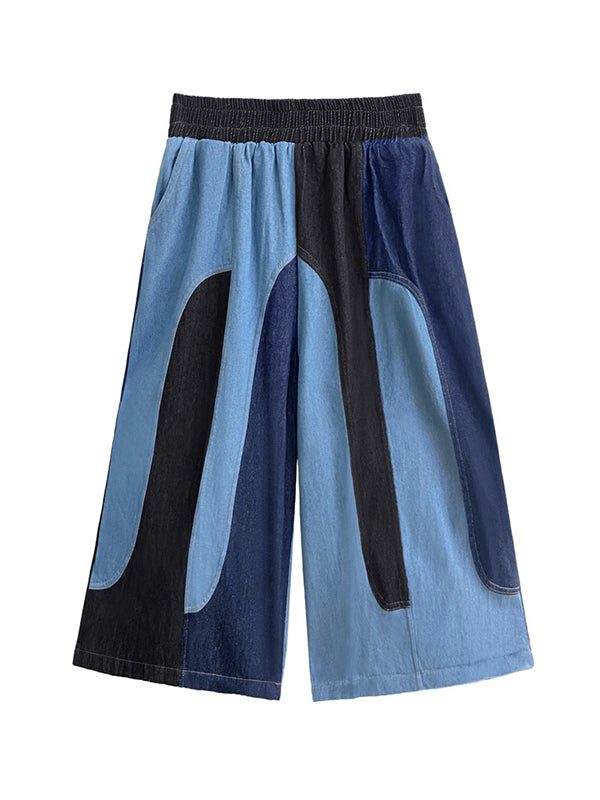 Loose Wide Leg Contrast Color Elasticity Split-Joint Jean Pants Bottoms