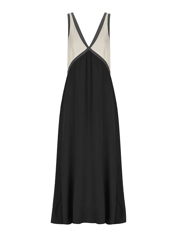 Loose Sleeveless Contrast Color Split-Joint Deep V-Neck Maxi Dresses