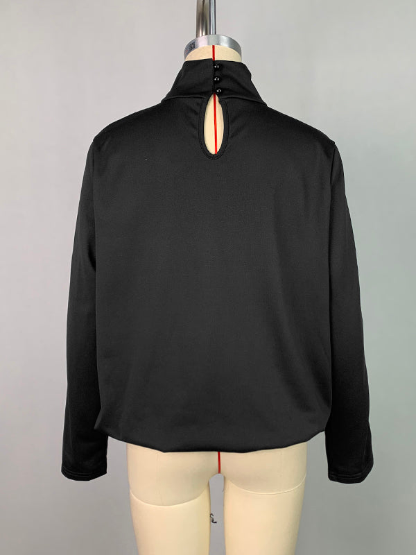 Long Sleeves Loose Buttoned Hollow Printed Split-Joint High Neck Sweatshirt Tops