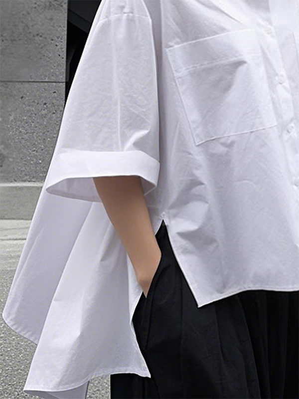 Half Sleeves Loose Buttoned Pockets Solid Color Lapel Blouses&Shirts Tops