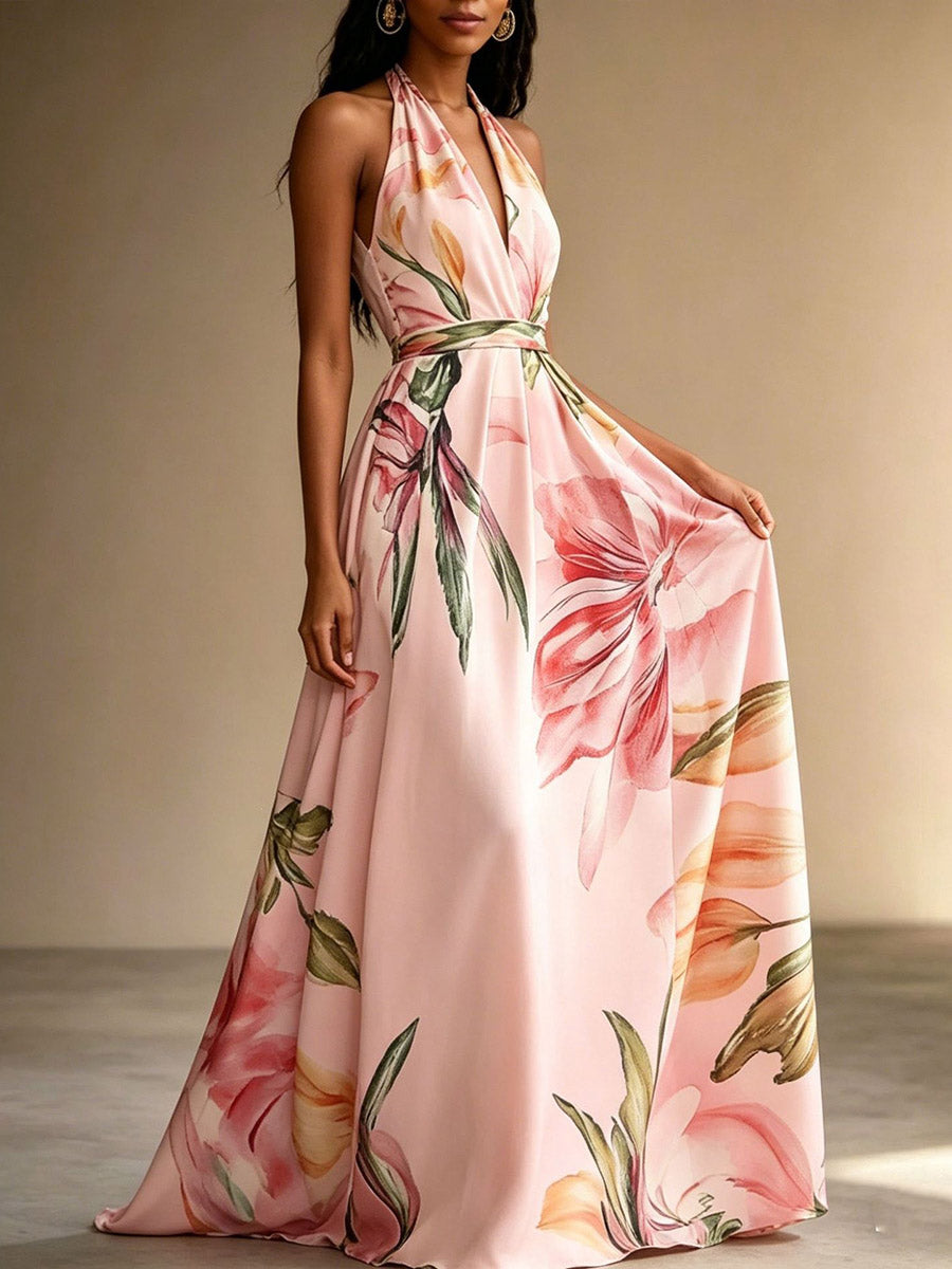Flower Print Drawstring Contrast Color Backless Sleeveless Loose V-neck Midi Dresses