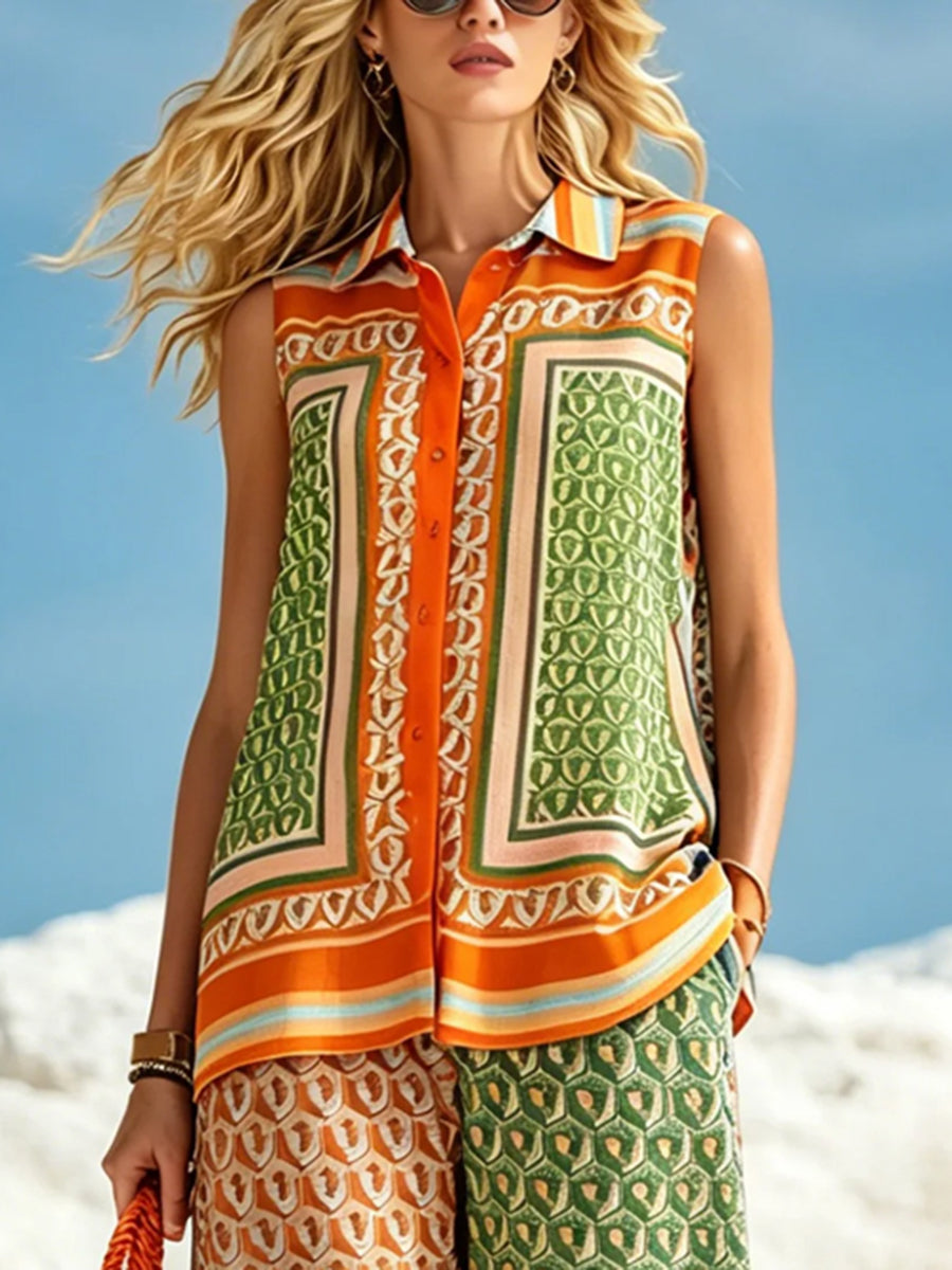 Loose Sleeveless Buttoned Printed Lapel Blouses&Shirts Tops