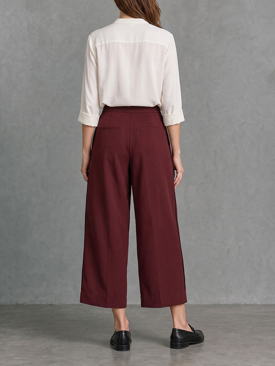 Solid Color Pockets Pleated Wide Leg Loose Cropped Trousers