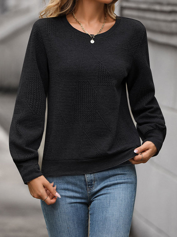 Long Sleeves Loose Jacquard Solid Color Round-Neck Sweatshirt Tops