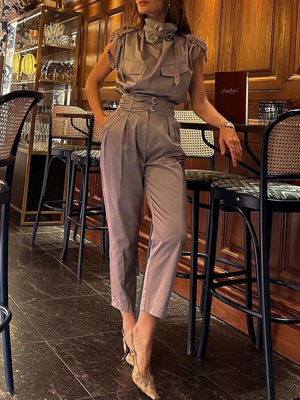 Loose Sleeveless Buckle Solid Color Stand Collar Blouses&Shirts Tops