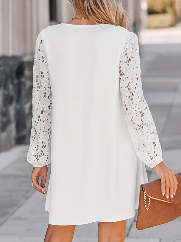 Loose Puff Sleeves Hollow Solid Color Split-Joint V-Neck Mini Dresses